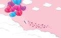 Illustration of love and valentine day with heart baloon, gift and clouds. Paper cut style. Royalty Free Stock Photo