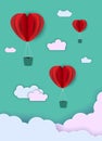 Illustration of love and valentine day,Origami made hot air balloon flying on the sky with heart paper art 3d from digital craft Royalty Free Stock Photo