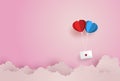 Illustration of Love and Valentine Day,twin paper hot air balloon heart shape hang envelope floating on the sky. Royalty Free Stock Photo