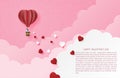Illustration of love valentine`s day banner with couple in hot air balloon and heart shape in paper cut style. Digital craft pape