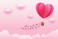 Illustration of love and valentine`s day, heart shaped balloon with many small hearts floating in the sky.