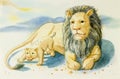 Illustration lovely cartoon of lion and baby in mountain back Royalty Free Stock Photo