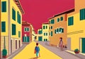 An Illustration of a Lovely Countryside with Warm Yellow, Red, and Orange Old Houses