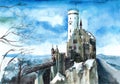 An illustration of a lovely winter landscape with a Gothic-style castle on a hilltop in blue and brown colors.