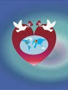 Illustration of loving peace on the Earth with White pigeon carrying love sign or heart sign in the globe on gradient blue Royalty Free Stock Photo