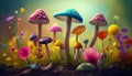 Illustration of low angle view of colorful mushrooms, AI generated image