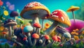 An Illustration of low angle view of colorful mushrooms, AI generated