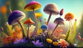 An Illustration of low-angle view of colorful mushrooms, AI generated image