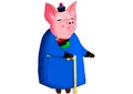 Illustration of lunar new year symbol pink old pig in national costume white hair mustache smiling hold walking stick