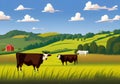 A illustration of a lush, green landscape featuring a blue sky, fluffy white clouds, and grazing cows