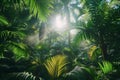 Illustration of  lush rainforest with towering trees, exotic plants and the sun shining through the canopy. Royalty Free Stock Photo