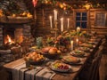 illustration of a luxurious dinner in a cabin in the forest