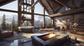 illustration, luxurious mountain cabin with jacuzzi, ai generative
