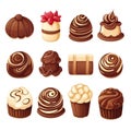 Illustration of Luxury Assorted Chocolate Collection. Chocolate candies icons set. Cartoon illustration of 12 chocolate candies Royalty Free Stock Photo