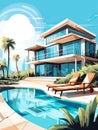 Illustration of a luxury hotel terrace with a swimming pool, sun loungers and an umbrella. Tourism and vacation concept. Royalty Free Stock Photo