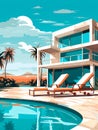 Illustration of a luxury hotel terrace with a swimming pool, sun loungers and an umbrella. Tourism and vacation concept. Royalty Free Stock Photo