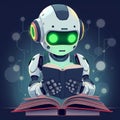 An Android anthropomorphic robot reading a book is an illustration of a machine learning concept using generative chatgpt.