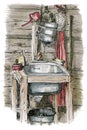 Illustration made by sketch felt-tip pen.Rustic sink in the country house.