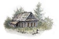 Illustration made by sketch felt-tip pen.Rustic wooden house