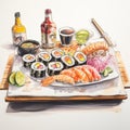 Realistic Sushi Tray Drawing With Caricature-like Illustrations