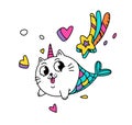 Illustration of a magic cat in the form of a mermaid. Vector. Cartoon character pussy in the image of a unicorn with hearts and a