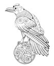 Illustration of magic fairyland crow from ancient Celtic legend. Black and white page for kids coloring book. Print for logo or