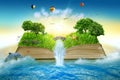 Illustration magic opened book covered with grass trees waterfall
