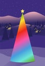 Illustration of a magic rainbow Christmas tree at night