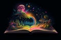 Illustration of a magical book containing beautiful fantastic stories. Generative AI