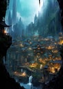 Illustration of a magical city in the middle of a mountain valley Royalty Free Stock Photo