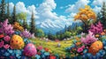 Illustration of a magical Easter field with vibrant flowers, blooming trees and whimsical Easter eggs hidden among the foliage