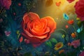 magical moment where vibrant flowers, particularly red roses, are blooming and transforming into heart-shaped petals