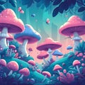 Illustration of a magical mushroom forest in a fairytale land with huge mushrooms and small bugs.