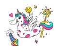 Illustration of a magical unicorn in the form of a rubber ring. Vector. Cartoon hero cute horse with wings. Kawaii character. Myth