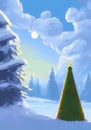 Illustration of a Magnificent Christmas Tree in a Snowy Landscape with xmas Ornaments Royalty Free Stock Photo