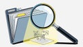 Illustration of magnifying glass examining documents in file folder Royalty Free Stock Photo