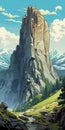 Grandeur Of Scale: Illustrated Crag With Mountain Background