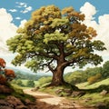 Illustration of majestic oak tree in lush countryside setting. AI generation