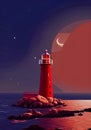 A Stunning Red Lighthouse on Rocky Cliff in Full Moon Coastal Night Scene - Illustration