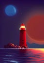 Illustration of a Stunning Red Lighthouse on a Rocky Cliff in a Coastal Night Scene with a Full Moon