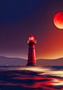 Illustration of a Sublime Red Lighthouse on a Rocky Cliff in a Full Moon Coastal Night Scene