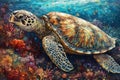 Sea Turtle Among Coral Reefs with Colorful Fish Royalty Free Stock Photo