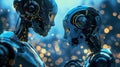 illustration of a male and female android robots together with fairy lights bokeh