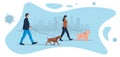 Illustration of male and female figures walking dogs and wearing masks Royalty Free Stock Photo