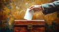Illustration of male hand casting votes into a ballot box. Man voting. Oil painting style. Concept of election day Royalty Free Stock Photo