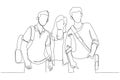 Illustration of males and female students standing posing looking to camera. Single line art style