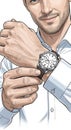 An illustration of a man adjusting a wristwatch with a leather strap. The watch Royalty Free Stock Photo