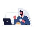Illustration of a man with a beard sitting at a table, eating a stack of pancakes with a fork. He Royalty Free Stock Photo