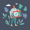 Illustration of man with big photocamera. Blogger, photograph concept.