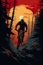 illustration of man on bike at nature, extreme bicycle sport at mountain and forest, generative AI